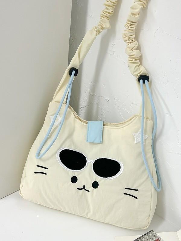 Korean Style Embroidered Cat Shoulder Bag With Nylon Material For Casual Daily Use