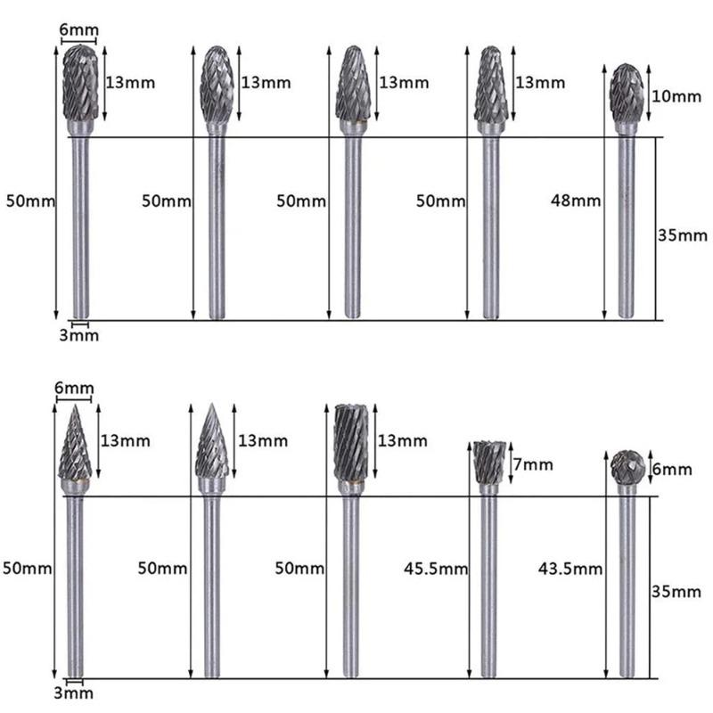 10pcs/set Carbide Rotary Burr Set Carving Burr Bits with 3mm Shank 6mm Bit for Wood & Stone Carving, Steel Metal Working