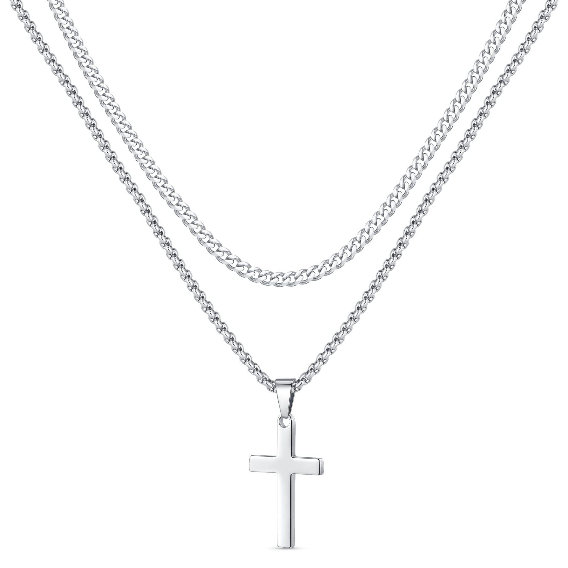

Men s Stainless Steel Cross Necklace Cuban Chain Black Silver Gold Layered Cross Pendant