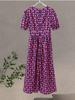 Summer Purple Printed Deep V-neck Women Dress Pleated Puff Sleeve A-line Party Evening Lady Robe