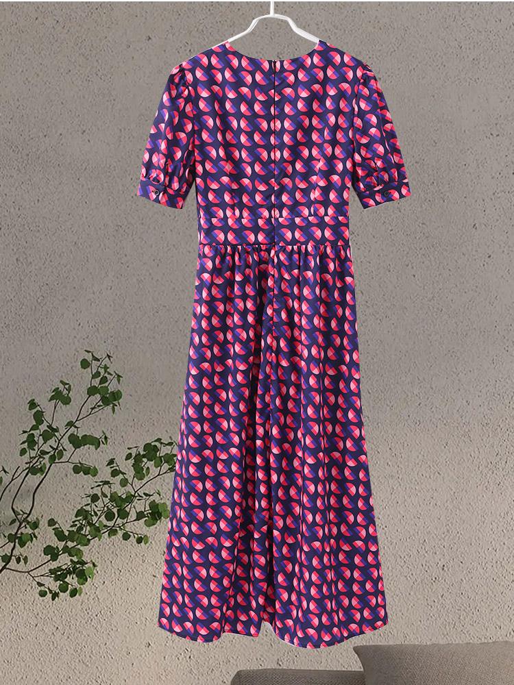 Summer Purple Printed Deep V-neck Women Dress Pleated Puff Sleeve A-line Party Evening Lady Robe