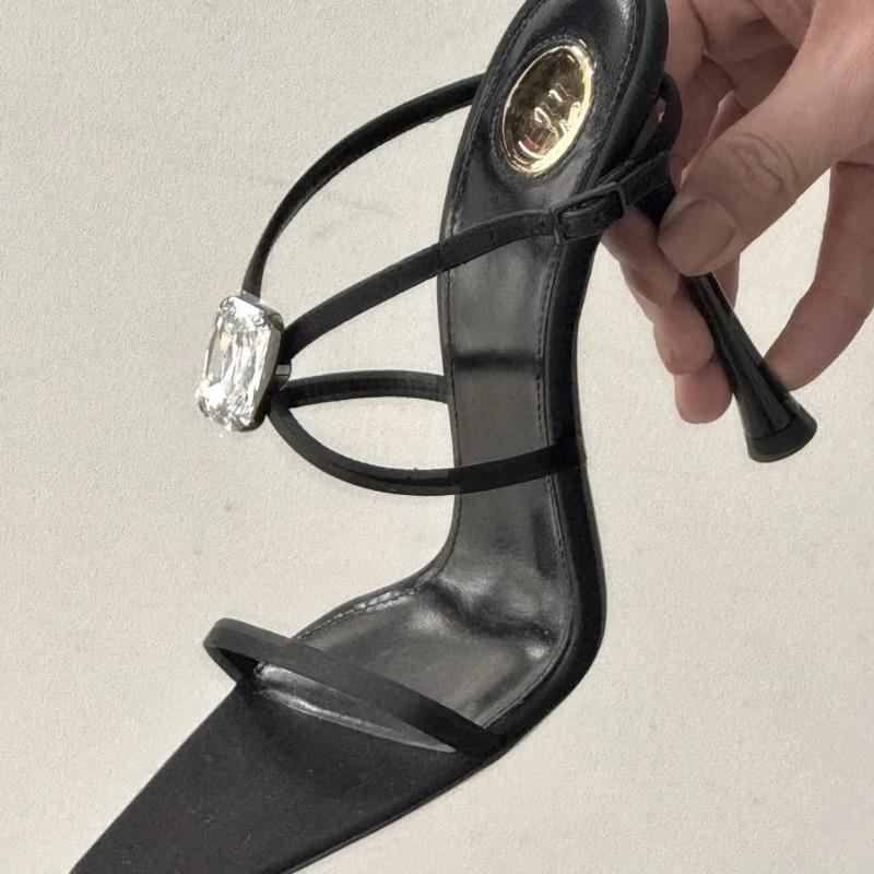 

Spring new rhinestone buckle square head word sexy black high heels women s satin fashion cross with open toes 40