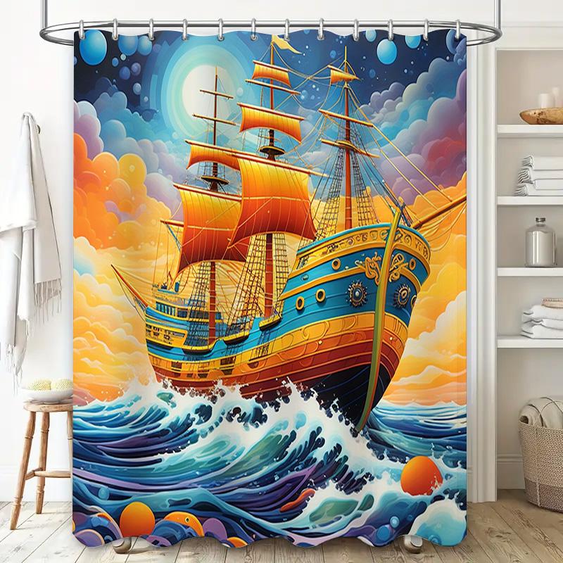 Exotic Ocean Adventure Shower Curtain Multicolored Sailboat Print For Bathroom Decor Fabric Durable Waterproof Home Decoration I