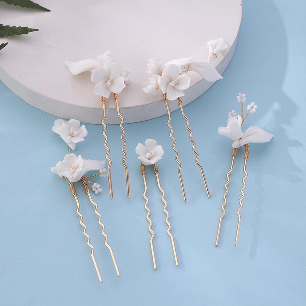 5PCS U-Shape Hairpin with Ceramic Flower Anti-slip Stable Grip Wedding Bridal Headdress for Birthday Stage Party Hairstyle Making