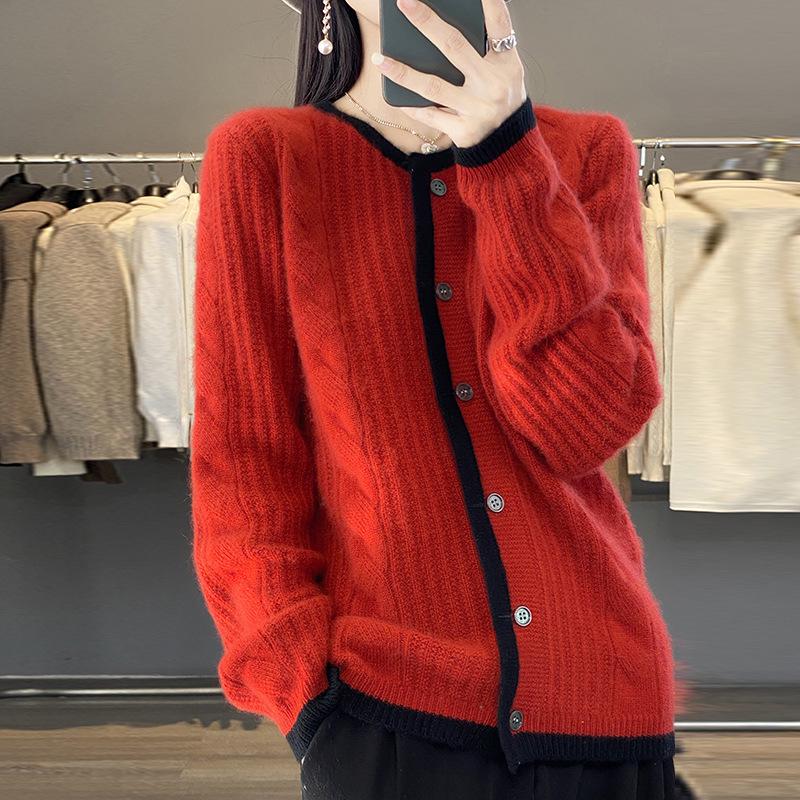 Women's 23-Color Block Round Neck Pure Wool Cardigan - Long Sleeve Knit Sweater