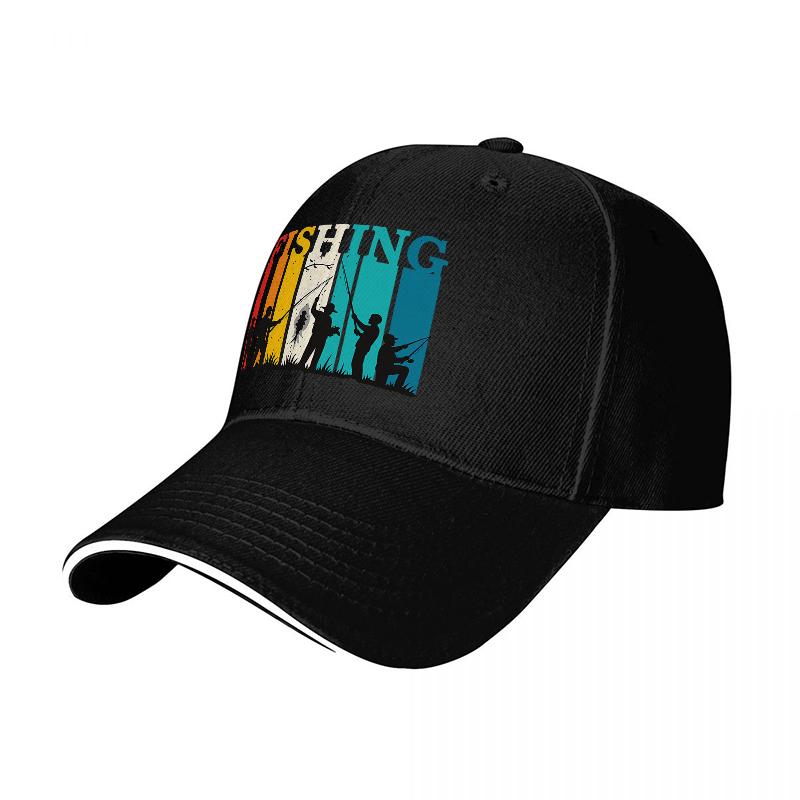 FISHING RETRO SILHOUETTE BASEBALL CAP COLORFUL STRIPES DESIGN Unisex OUTDOOR HAT FISHING ENTHUSIASTS STYLE CLASSIC FIT