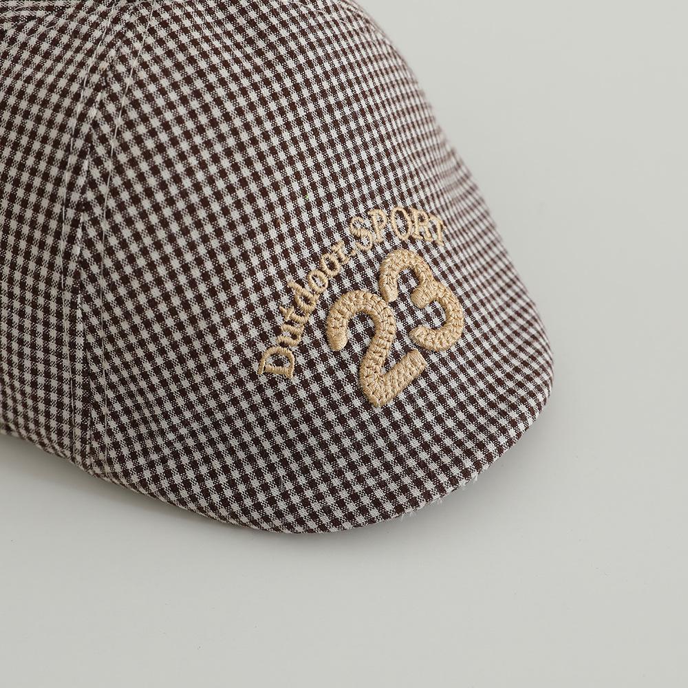 Retro Plaid Baby Beret – Spring/Summer Sun Hat with Embroidered "23" for Infants & Toddlers