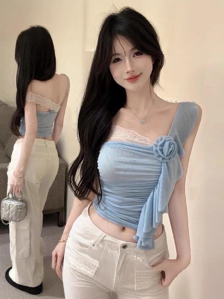 Trendy Lace Patchwork Off-Shoulder Slim-Fit Korean Top