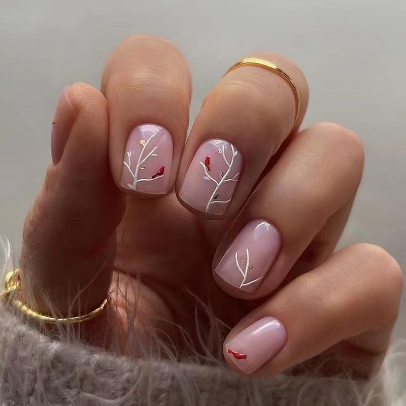 

24pcs Luxury Glossy Tree Branch Design Short Nails – High-End Niche Manicure Set