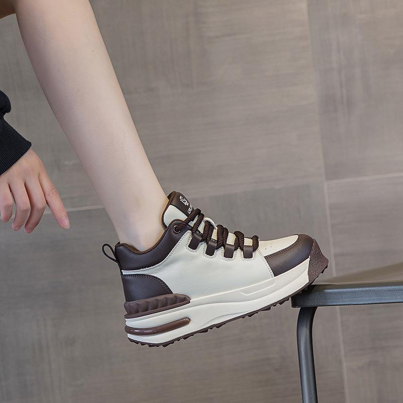 High-top Little White Shoes Women's Autumn New Leather Lace-up Casual Shoes Thick-soled Heightening Color Matching Board Shoes