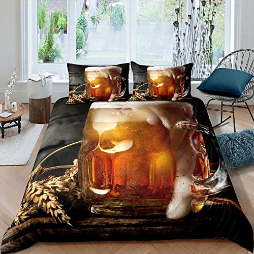 Beer Duvet Cover Set Two Beer Mugs White Foam Bedding Set 3pcs for Kids Golden Drinks Comforter Cover Soft Polyester Quilt Cover