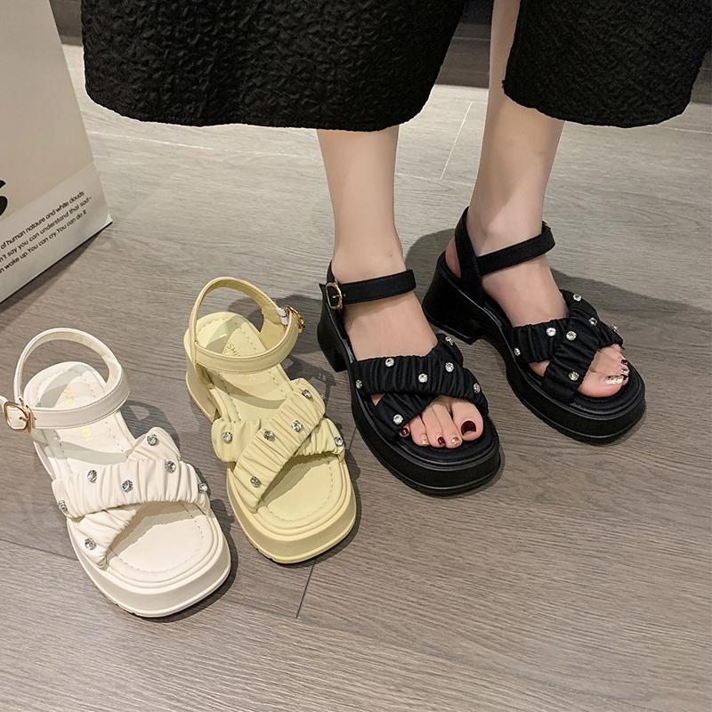 2024 Fashion Ladies Sandals Rhinestone High Heel Open Toe Buckle Sandals Summer Casual Beach Sandals Platform Sandals