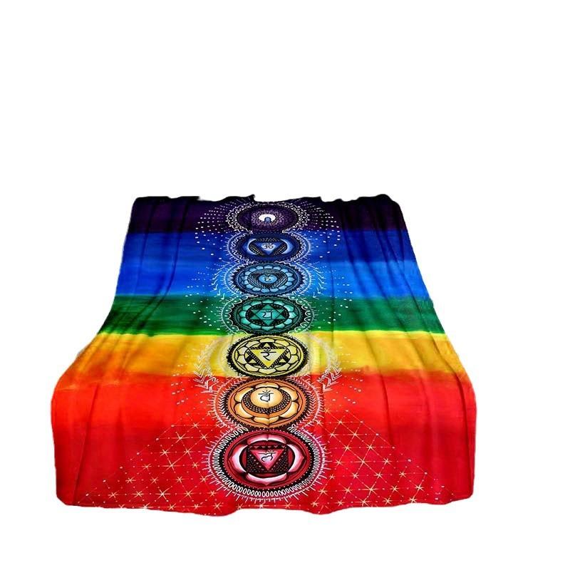 Rainbow Blanket Colorful Tassel Chakra Printed Flannel Meditation Decorative Blanket Direct Supply