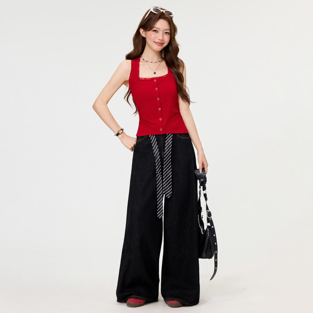 Spice girl pure desire style red lace splicing neck sling vest spring and summer new beautiful back outer top women