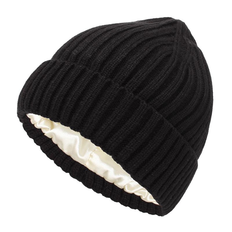 Winter Silk Satin Lined Beanie Hats Women Men Unisex Thick Chunky Cap Striped Warm Soft High Quality Cashmere Knitted Beanie Hat