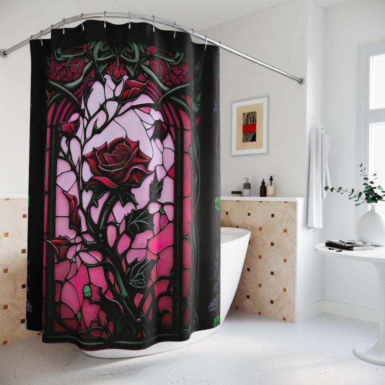 

Gothic Stained Glass Rose Halloween Shower Curtain With Spooky Pattern, Waterproof Horror Bathroom Decor For Haunted Theme W60H190(CM)-1 Pcs