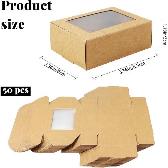 BadenBach 50 Pack Mini Rectangle Kraft Paper Boxes with Clear Windows,3.33" x 2.35" x 1.18",Tiny Small Homemade Soap Packaging Box Small Gift Boxes
