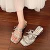 French Fashion Thick Heel Cool Slippers Women's Summer Wear 2025 New Silver Sandals Bow Rhinestone High Heels