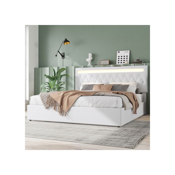 Lit - MUVOE - 180x200 Cm - Lumière D'ambiance LED - Télécommande - Port USB - Blanc