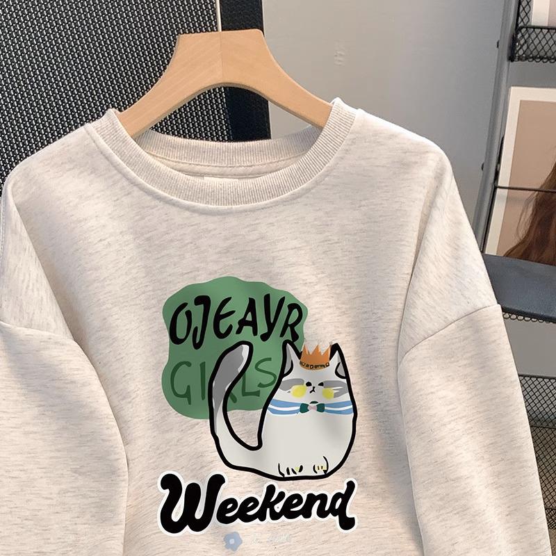 Women's 300g Chinese Cotton Sweatshirt, Cartoon Print, Korean-Style, Loose Fit, Versatile Casual Top for Spring and Autumn