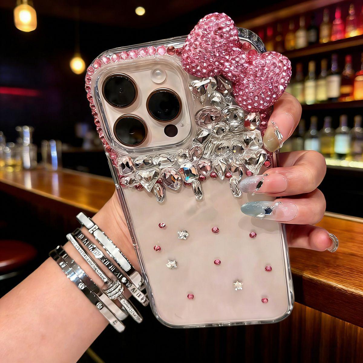 

Apple 17 Pro Max Rhinestone Transparent Phone Case - Light Luxury, High-End Fashion iPhone 15
