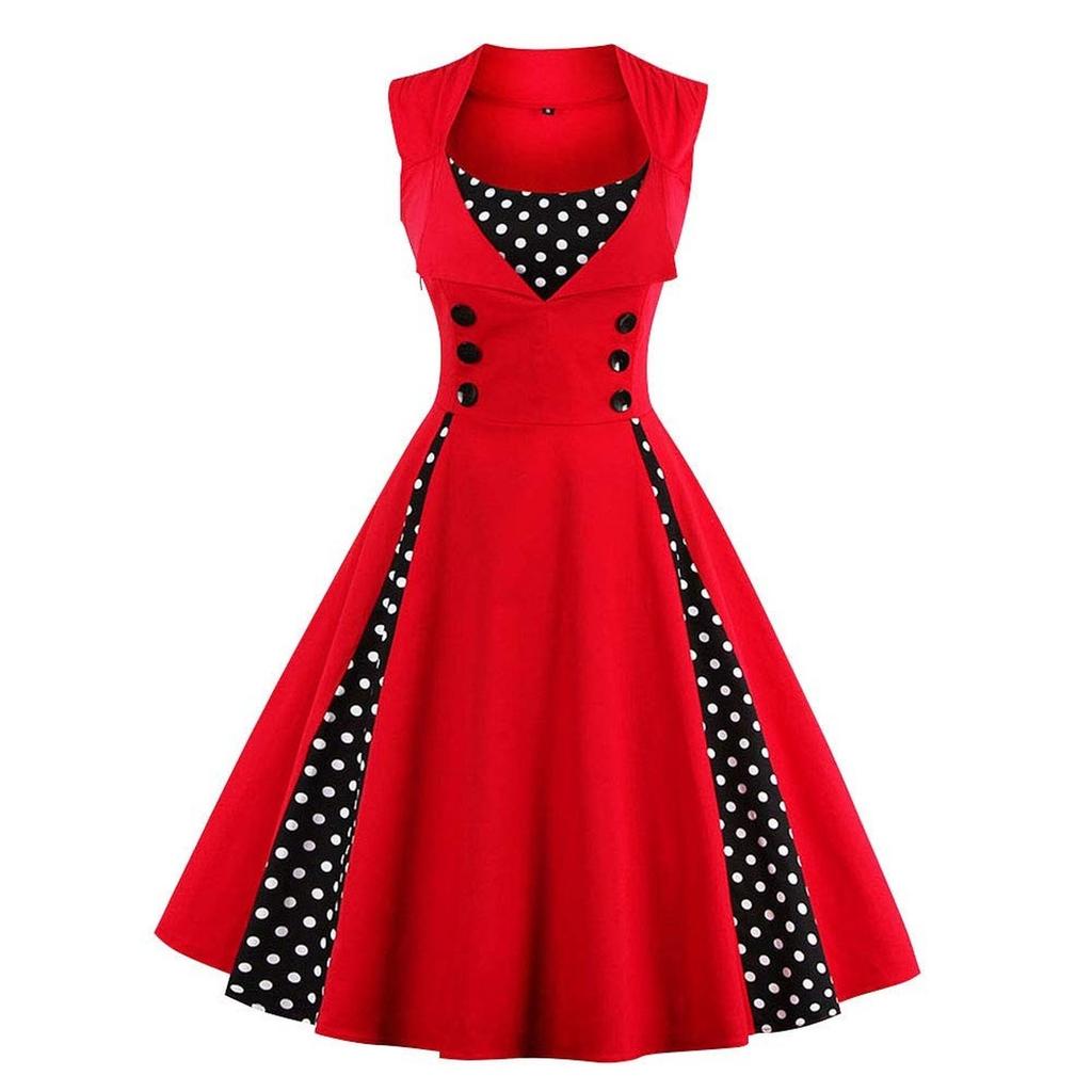 Women's Retro Fitted Sleeveless Polka Dot Print Dress For Performance