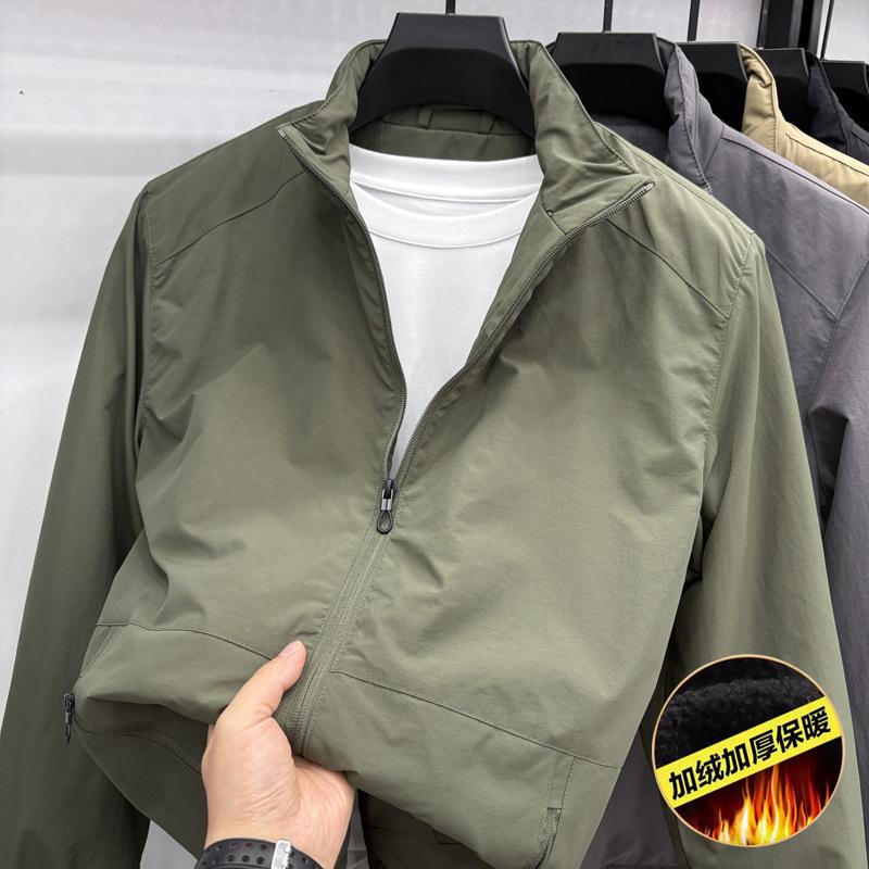 Men's Warm Velvet Jacket - Thick Stand Collar, Windproof, Solid Color Winter Coat for Middle-aged and Young Men.