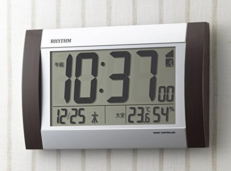 RHYTHM FitWave D169 Digital Alarm or with Rokuyo Temperature and Humidity Brown Radio-Controlled Clock, Wall-Mounted Tabletop, Calendar, Monitors,