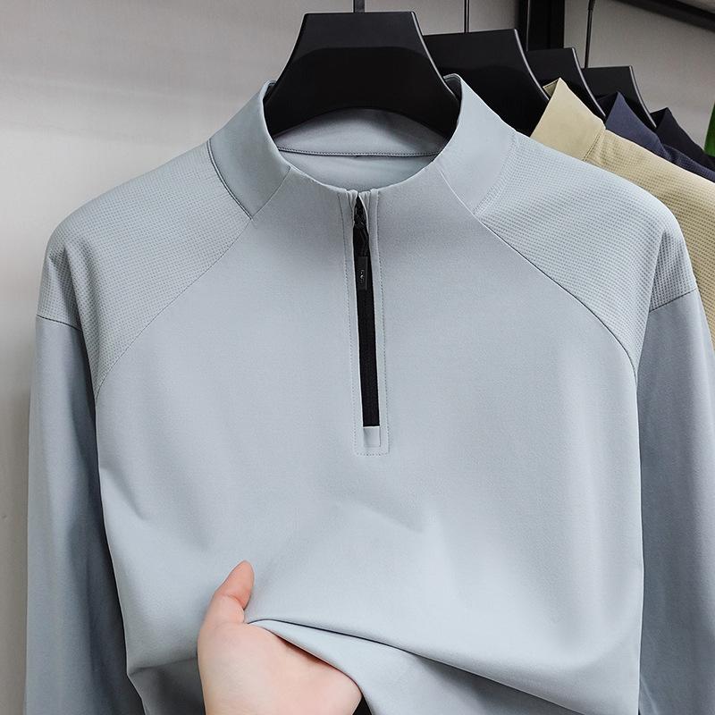 Spring Semi-Zipper Stand-Up Neck Sweater Men'S Long-Sleeved T-Shirt Solid Color Casual Sports Simple Top Men