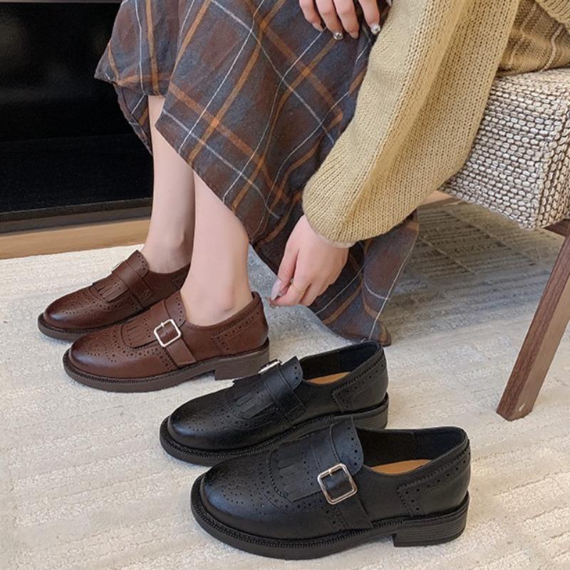 Fashion Retro Low Heel Single Shoes Autumn New Round Toe Deep Mouth Breathable Hole Metal Buckle Non-slip Low Top Shoes