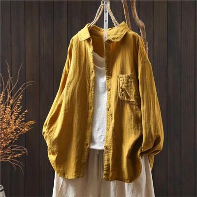Women Vintage Shirts Tops Turn-down Collar Patchwork Pockets Blouses Autumn Solid Color Shirts