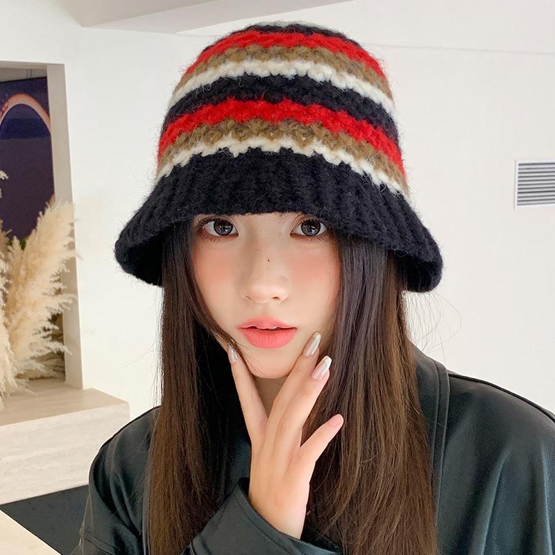 Versatile Color Blocked Knitted Fisherman Hat Korean Outdoor Windproof and Warm Wool Hat Casual Face Showing Small Basin Hat New