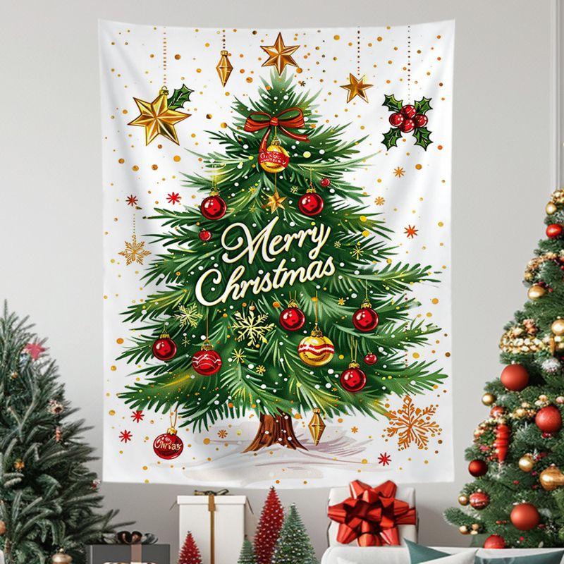 White Hand Drawn Christmas Tree Wall Tapestry Merry Text Red Ornament Ball Gold Star Snowflake Holiday Aesthetic Home