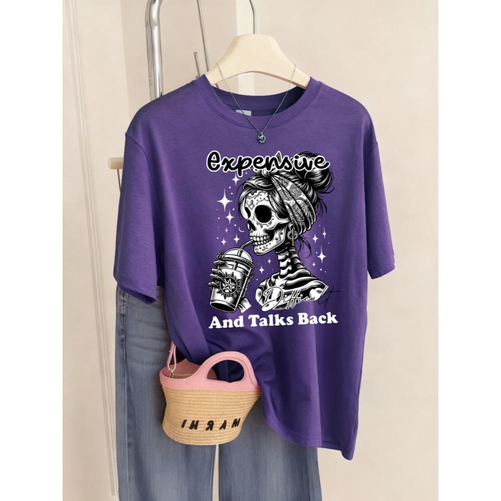 Expensive Talks Back Coffee Skulls Prints T-Shirt Women Sport Breathable T Shirts Crewneck Y2K Short Sleeve Tops