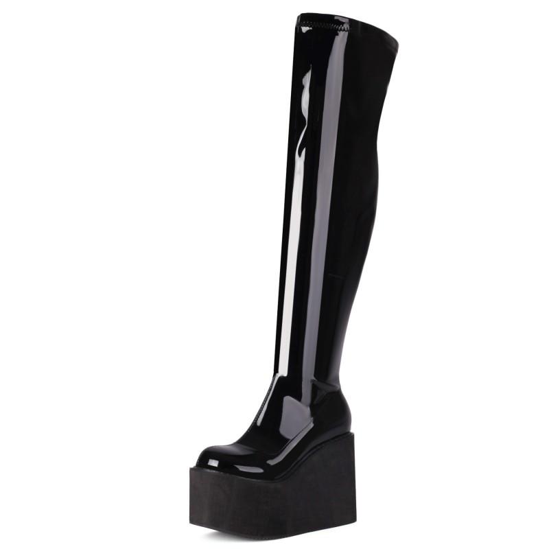 

Жіночі ботфорти на танкетці, жіночі ботфорти на платформі з ПУ шкіри на танкетці, ботфорти вище коліна, червоні, чорні, довге фетишне взуття, великий розмір 34 чорний