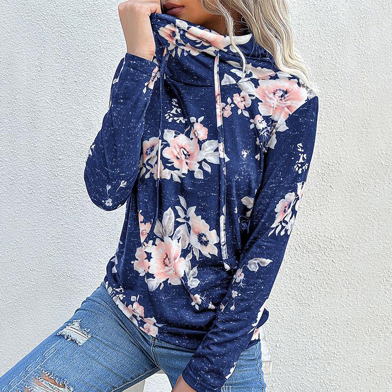 Dámské podzimní zima květinová mikina s kapucí ležérní hromada vysoký spodní límec mikina s volným potiskem