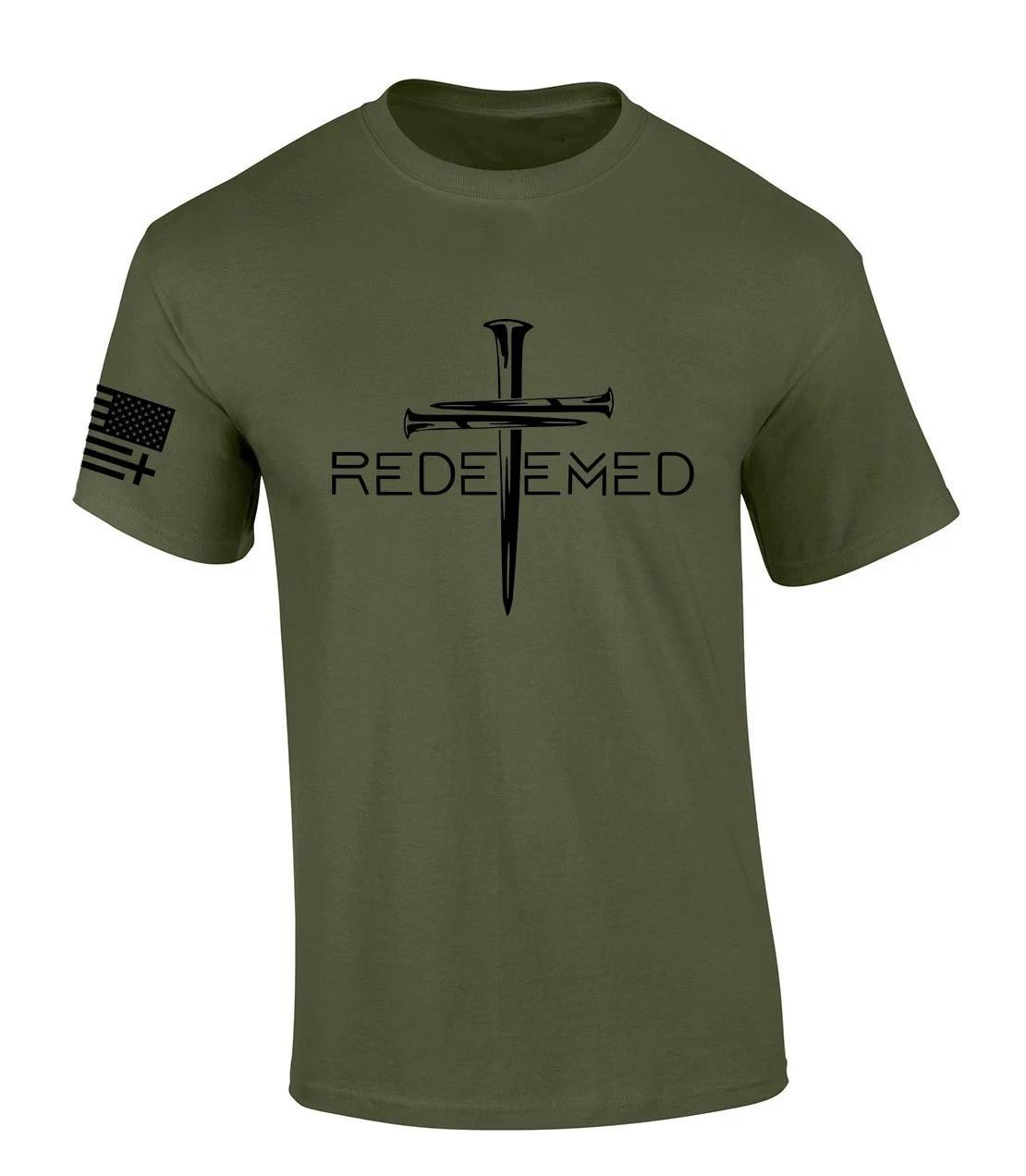 Redeemed Cross Nails Mens Christian American Flag Sleeve T-Shirt Graphic Tee M