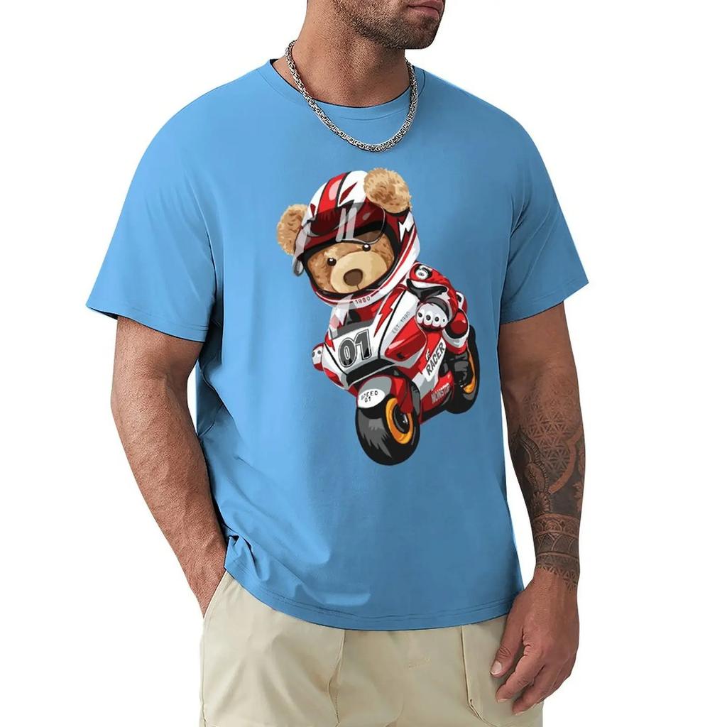 Teddy Bear Riding Racing Motorbike T Shirt Harajuku Short Sleeve T-shirt 100% Cotton Graphics Tshirt Tops