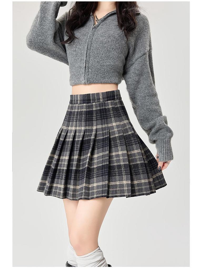 Korean Style Wool Plaid Pleated Mini Skirt for Women - High Waist A-line Slimming Design