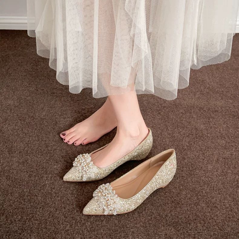 Sequined Flat-soled Heightening Wedding Shoes 2025 Xiuhe Main Wedding Dress Two Wear Crystal Bridal Shoes with Dress French Bridesmaid Shoes