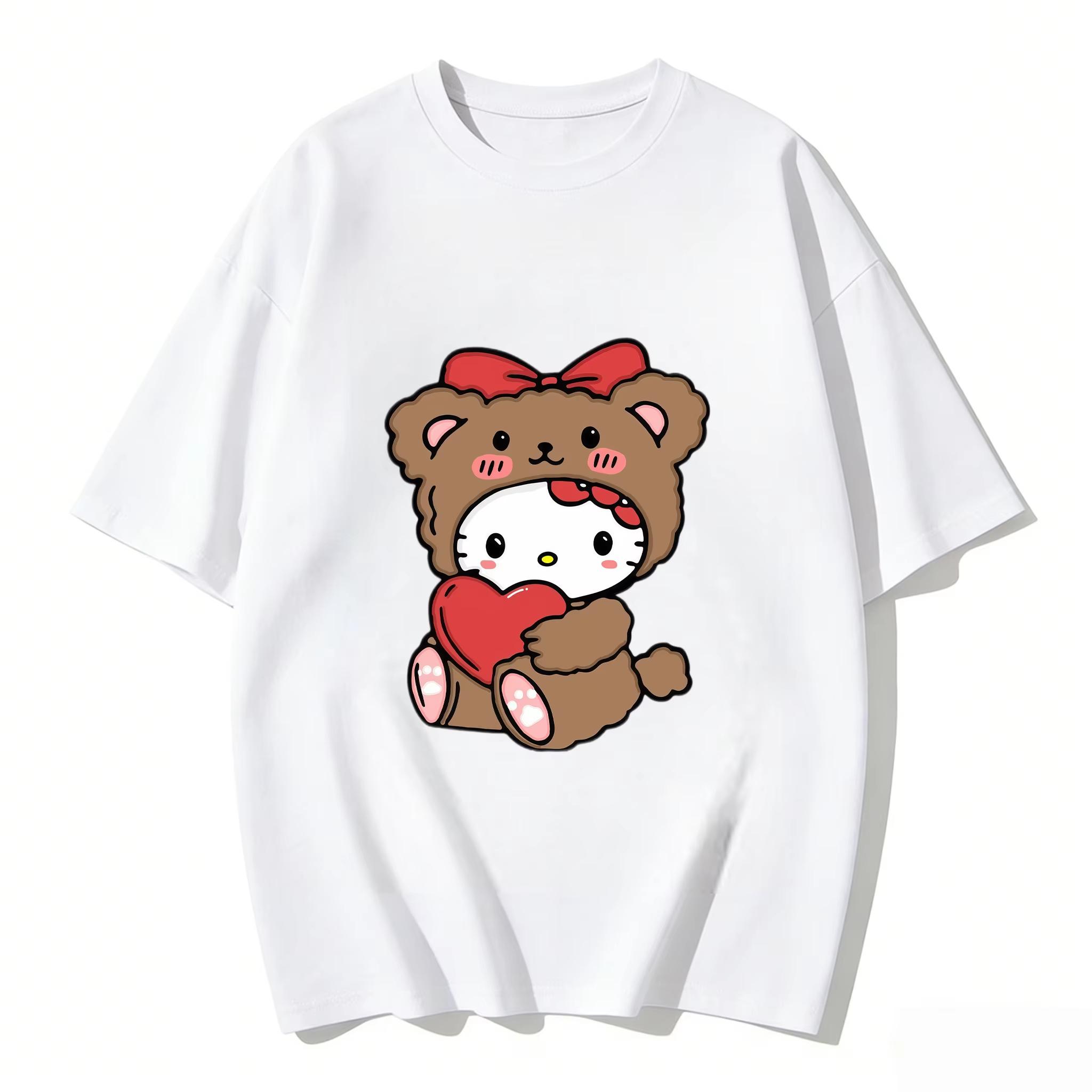 

2026 new Summer HelloKitty Cute Graphic Tee Casual Short Sleeve Cotton Top for Women Girls Kawaii Cartoon Print Streetwear S