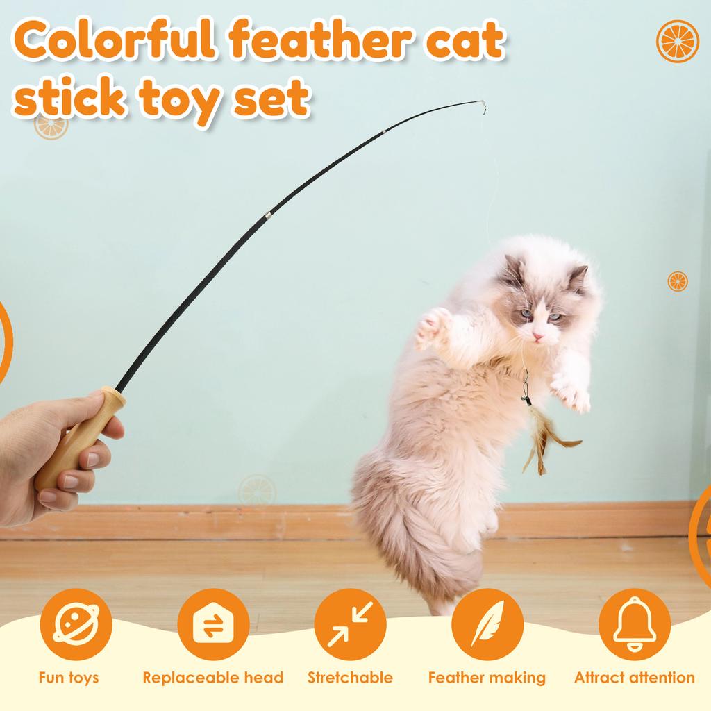Cat Teaser Wand Toys Interactive Cat Feather Toy with 2 Birds and 3 Feather Refills Retractable Pole for Pet Lovers