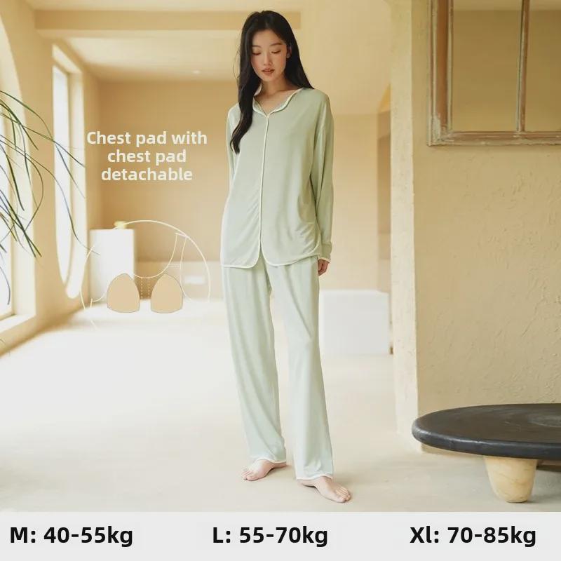 Women's High-End Modal Pajama Set: Long-Sleeved Top, Trousers, Chest Pads - Ideal for Autumn and Winter