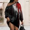 Women Plus Size One Shoulder Long Sleeve Abstract Gradient Print Black Pink Dress