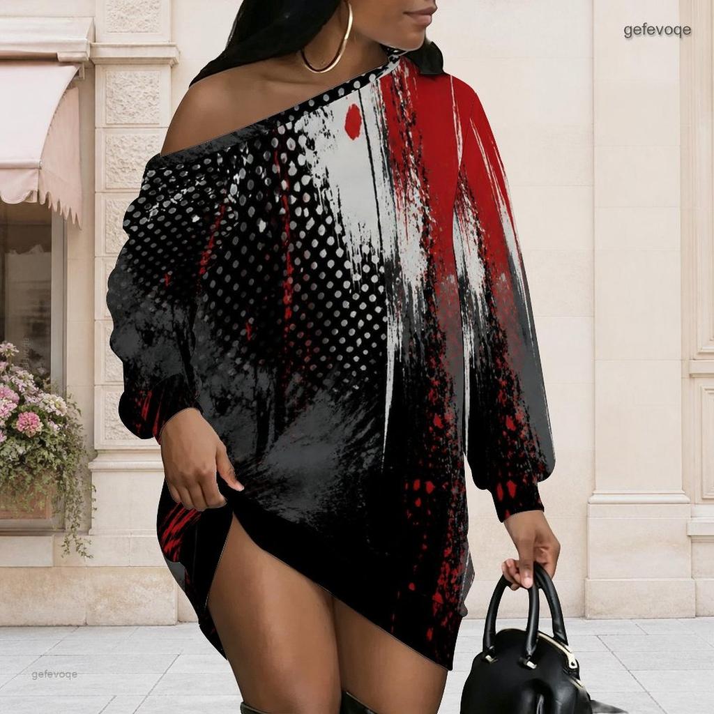 Women Plus Size One Shoulder Long Sleeve Abstract Gradient Print Black Pink Dress