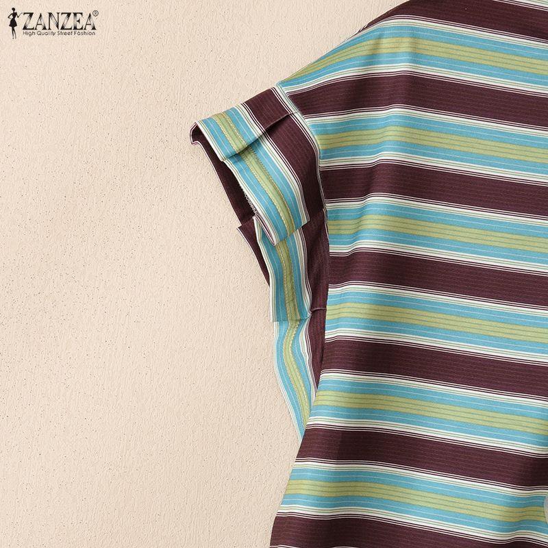 ZANZEA Women Casual Round Neck Loose Stripe Print Short Sleeve Blouse
