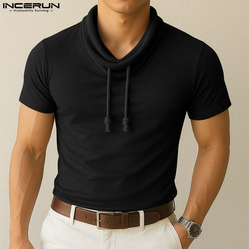 INCERUN Summer Men Drawstring Neck Short Sleeves Casual Fitted Tee Tops
