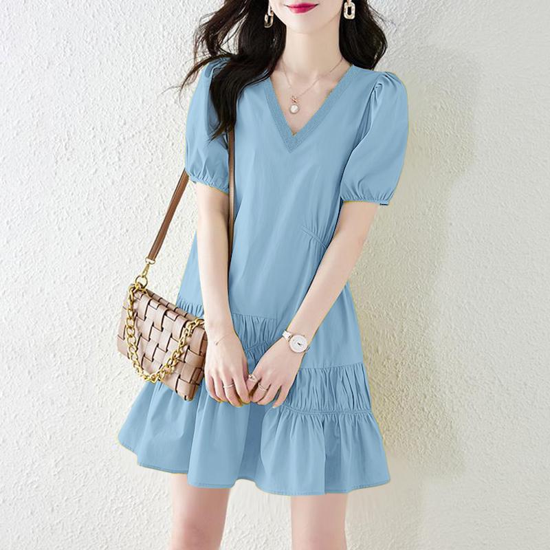 

ZANZEA Женское повседневное платье с V-образным вырезом, однотонное, летнее, с коротким рукавом 5XL синий