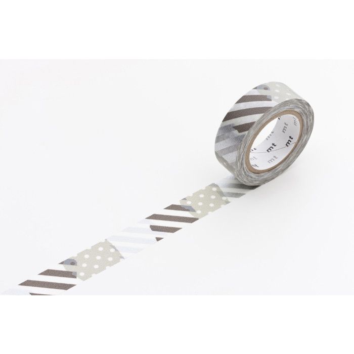 Masking Tape MT 15 mm Pois - rayure gris &amp; noir