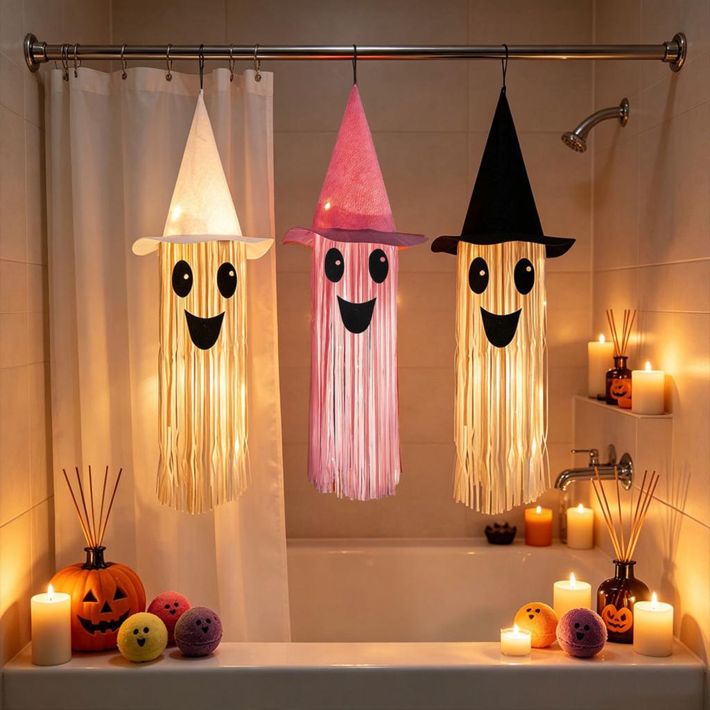 Halloween Light Up Smiling Ghost Hanging Decoration with Witch Hat Long Fringe Design for Indoor Outdoor Party Use